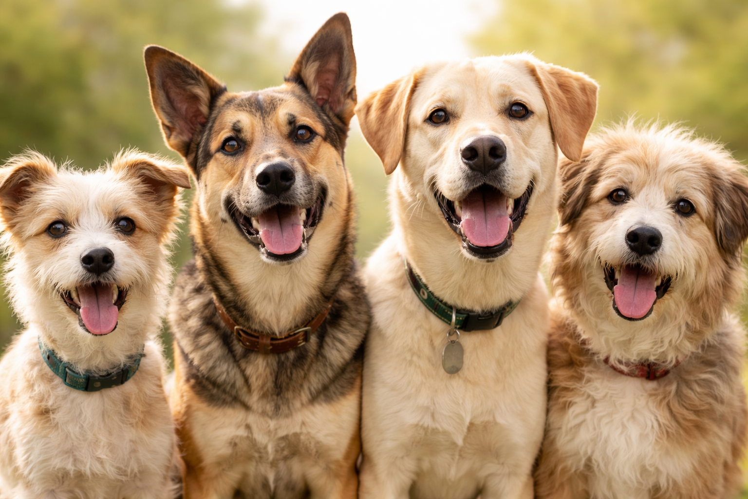 Happy mixed-breed dogs of various sizes and colors